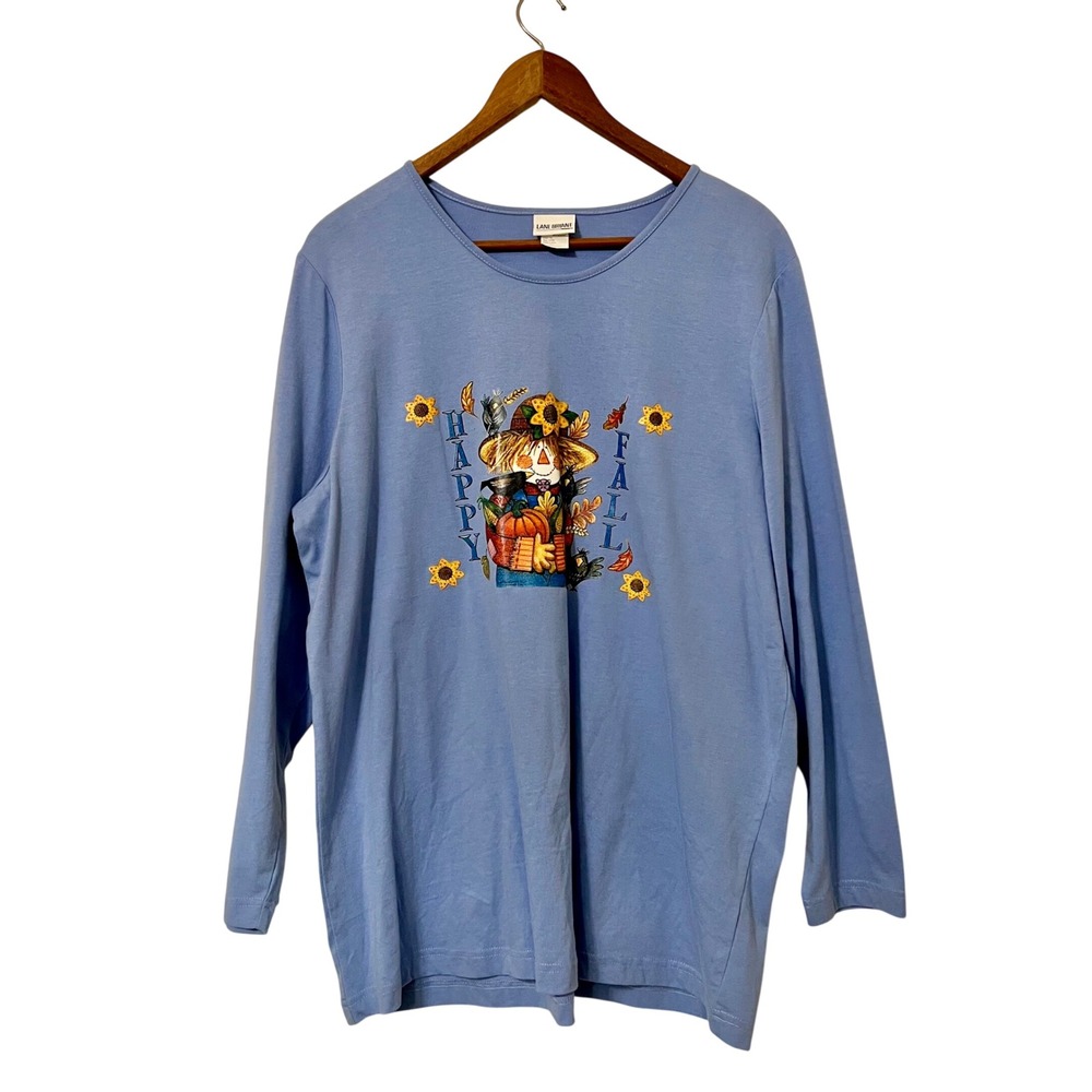 VTG Lane Bryant Women Blue Long Sleeve Happy Fall Scarecrow Sunflower L Autumn